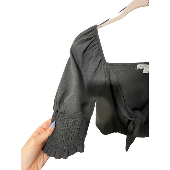 Love Letter Collection Boho Black Front Tie Cropped Blouse Stretchy L Cottage - Picture 3 of 5
